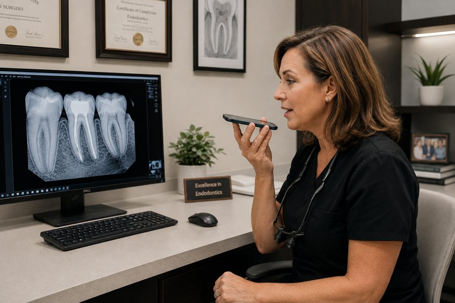 An endodontist at her desk speaking into her phone, recording a report back to the dentist who referred the patient